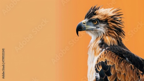 Close-up of majestic bird prey with sharp beak and intense gaze against orange background photo