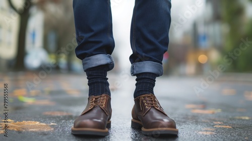 Close-up of the legs of a man wearing jeans and boots  standing on a wet street in the park.