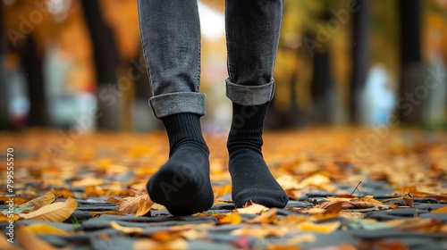 A man in black socks and jeans walks barefoot on a leaf-covered ground.
