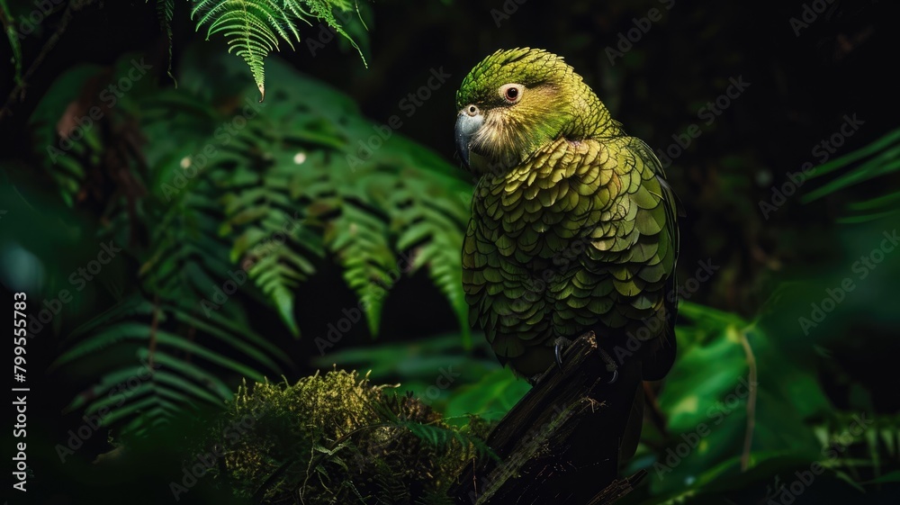 Obraz premium Green parrot with yellow eyes perched in lush forest