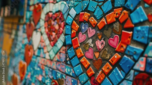 Colorful mosaic artwork with heart shapes on wall