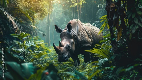 Rhinoceros in lush, dense jungle with sunlight filtering through foliage © Татьяна Макарова