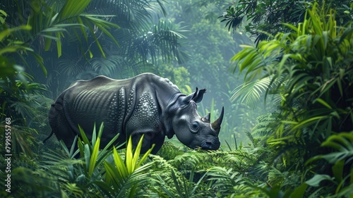 Rhinoceros standing in lush jungle with dense foliage © Татьяна Макарова