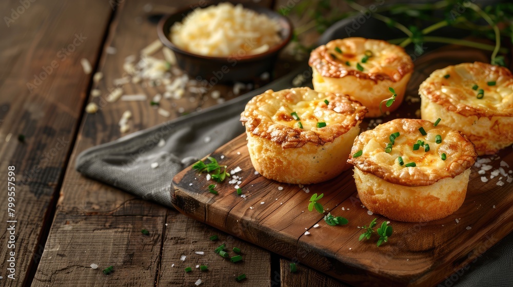 Three golden-brown cheese-topped pastries on wooden board, garnished with herbs
