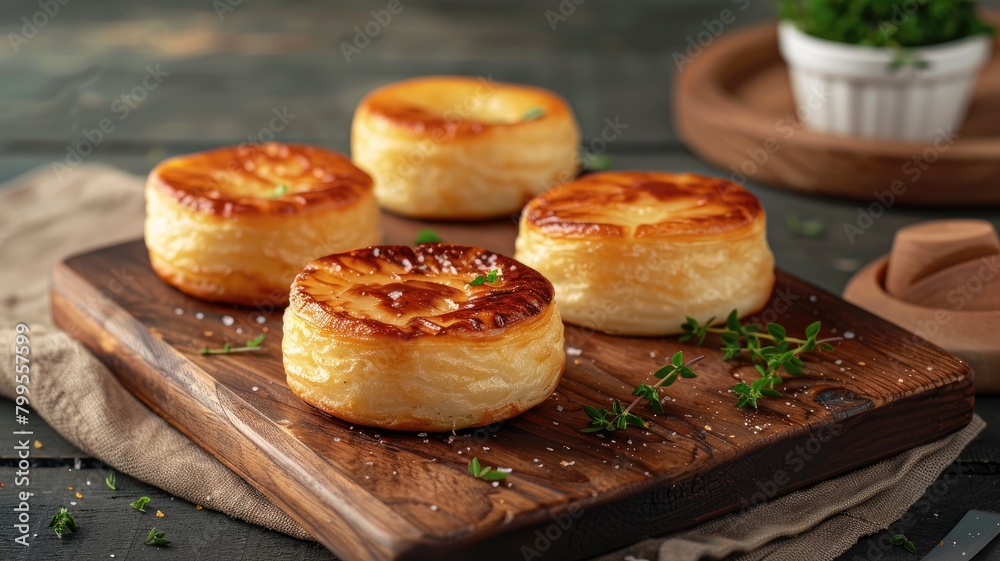 Three golden-brown round pastries on wooden board garnished with herbs Three golden-brown round pastries on wooden board garnished with herbs