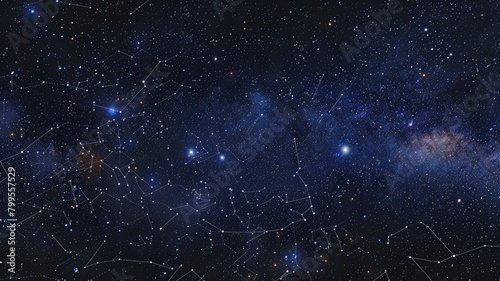 Star-filled night sky with constellation lines and Milky Way visible