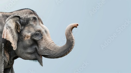 Profile of elephant with its trunk raised against clear sky