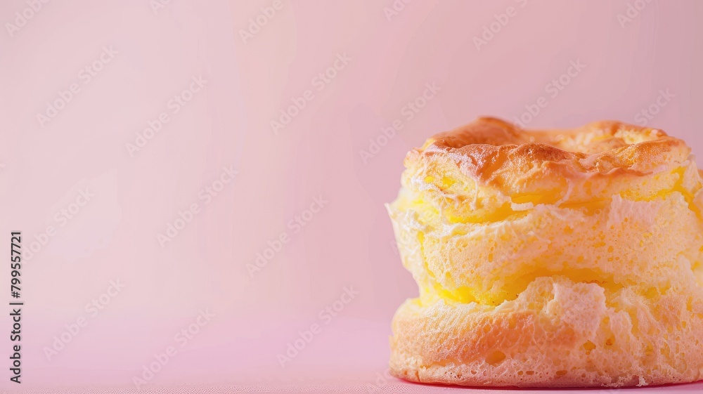 Fluffy yellow cream puff on pink background Fluffy yellow cream puff on pink background