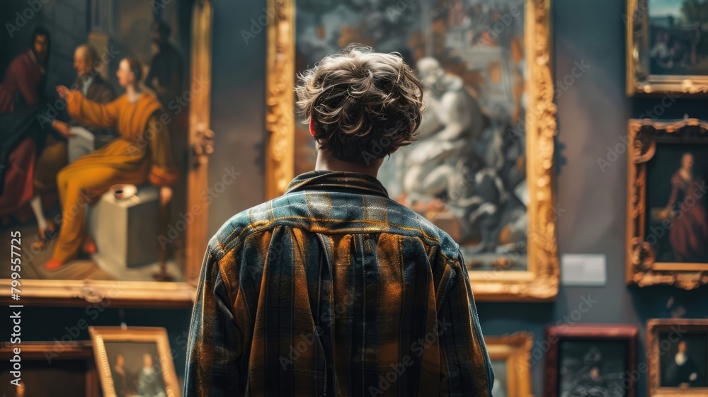 Person viewing classical paintings in art gallery