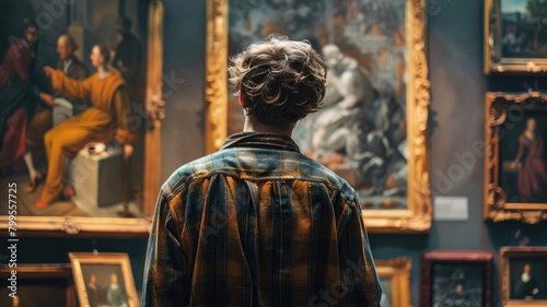 Person viewing classical paintings in art gallery