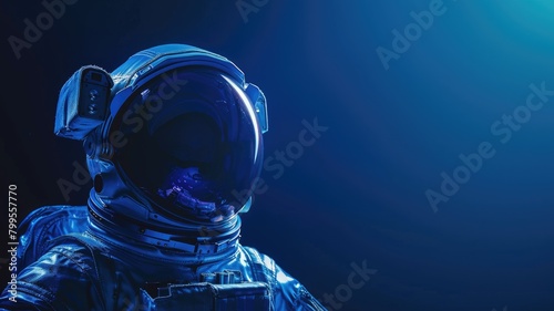 Astronaut in space suit with visor reflecting blue light, against dark background
