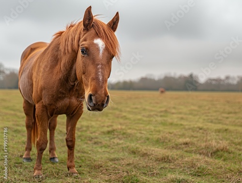 A brown horse is standing in a field with a cloudy sky in the background. The horse has a white spot on its face © MaxK