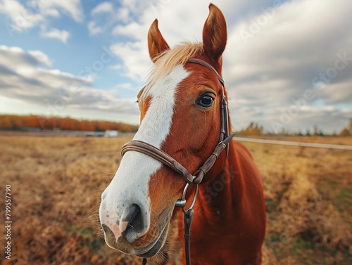 A brown and white horse with a brown bridle and a white nose. The horse is standing in a field with a cloudy sky in the background