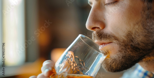 Man tasting whisky, aromas appreciated, eyes closed in pleasure, intimate indoor setting