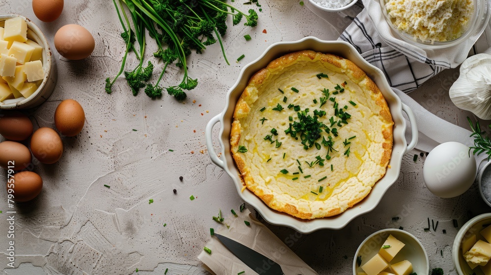 Baked quiche in dish on table surrounded by ingredients Baked quiche in dish on table surrounded by ingredients
