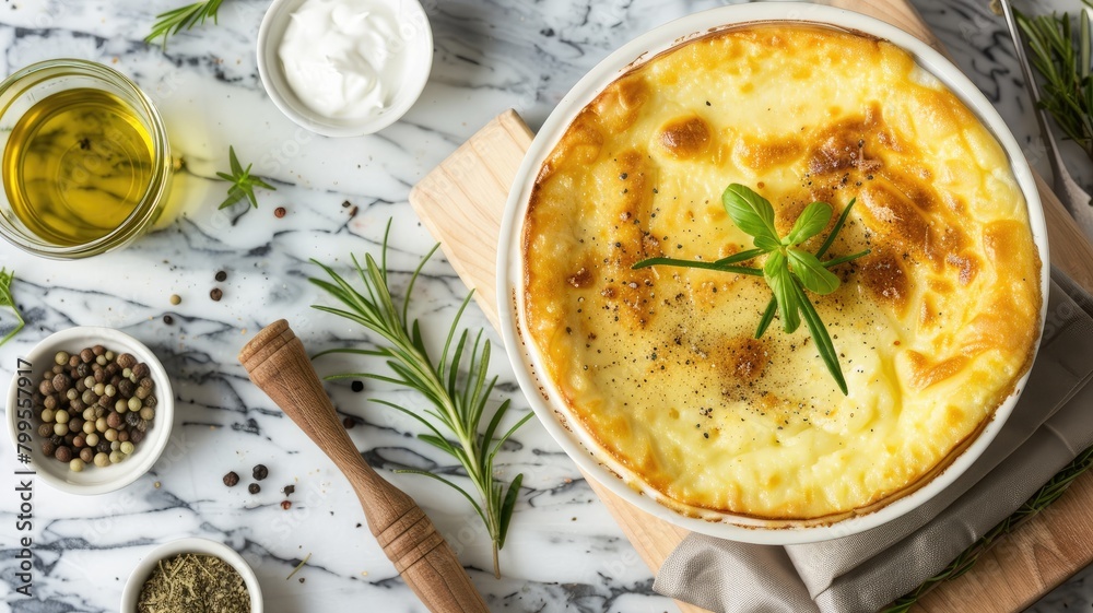 Baked cheesy dish garnished with herb on marble countertop Baked cheesy dish garnished with herb on marble countertop