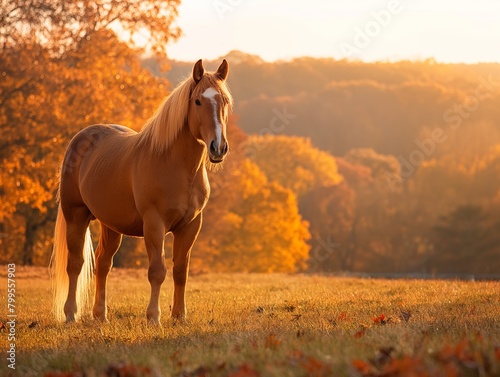 A brown horse stands in a field of yellow leaves. The horse is looking to the right. The scene is peaceful and serene