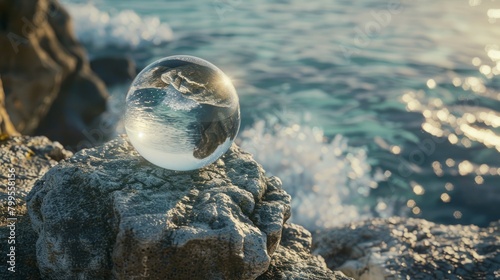 Oceanic Reflections  A Glass Ball Perched on a Rock  Capturing the Serenity of the Sea