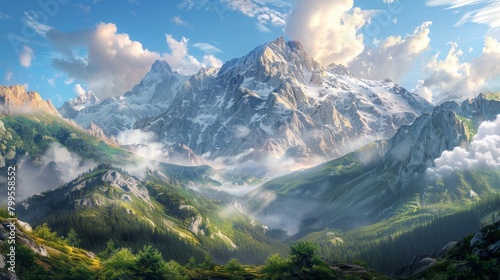 Mountains with clouds and trees in foreground