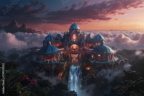 Castle bathed in moonlight among the clouds, landscape with castle and moon, science fiction castle, castle in tha moonlight at night