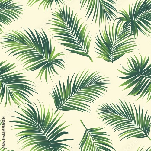 A seamless pattern of palm leaves on a light background.