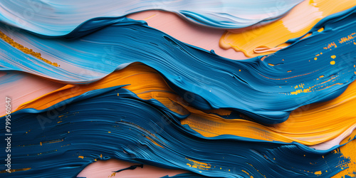 Ocean's Caress - Cerulean and Golden Hues in Abstract Acrylic Waves for Elegant Interior Design Elements
