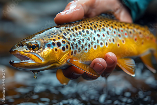 Fly Fisherman Hand Holding Freshwater Brown Trout Closeup Side View  photo