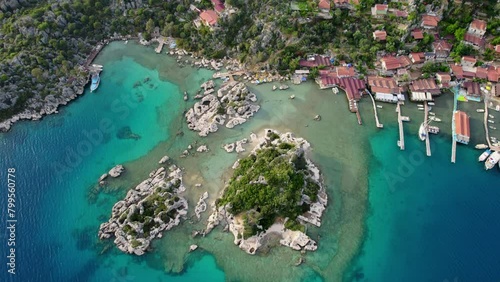 antalya kekova kalekoy castle aerial drone video turquoise blue sea cloudy sky settlement port and peninsula photo