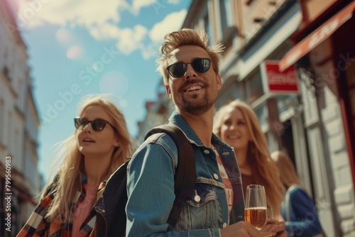 summer holidays, celebration, travel and people concept - group of smiling friends with drinks walking on city street