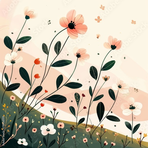 A watercolor painting of a field of flowers in a variety of colors. The flowers are arranged in a loose, organic way, and the colors are soft and muted. The painting has a light, airy feel, and it evo photo
