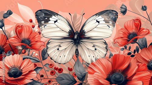 Enchanting Elegance: Hand-Drawn Indian Butterflies & Flowers on Coral