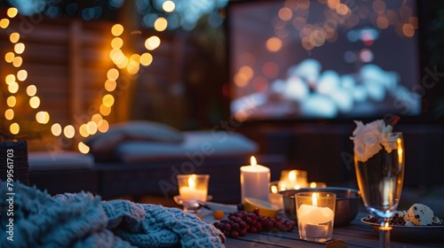 A romantic evening under the stars enjoying a movie by the warm glow of candles and a roaring fire. 2d flat cartoon. photo