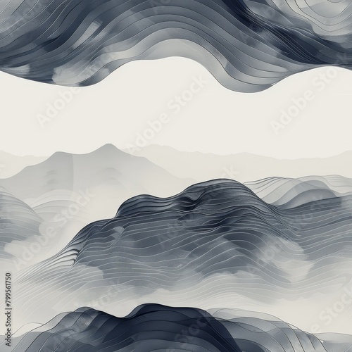 intricate blue and white landscape painting in the style of sumi-e photo
