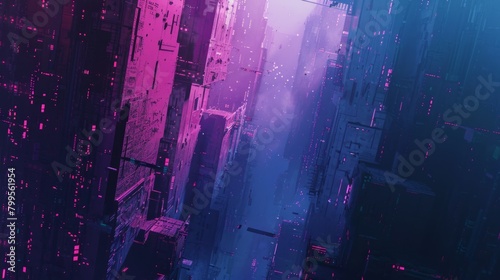 A cityscape with a purple sky and buildings