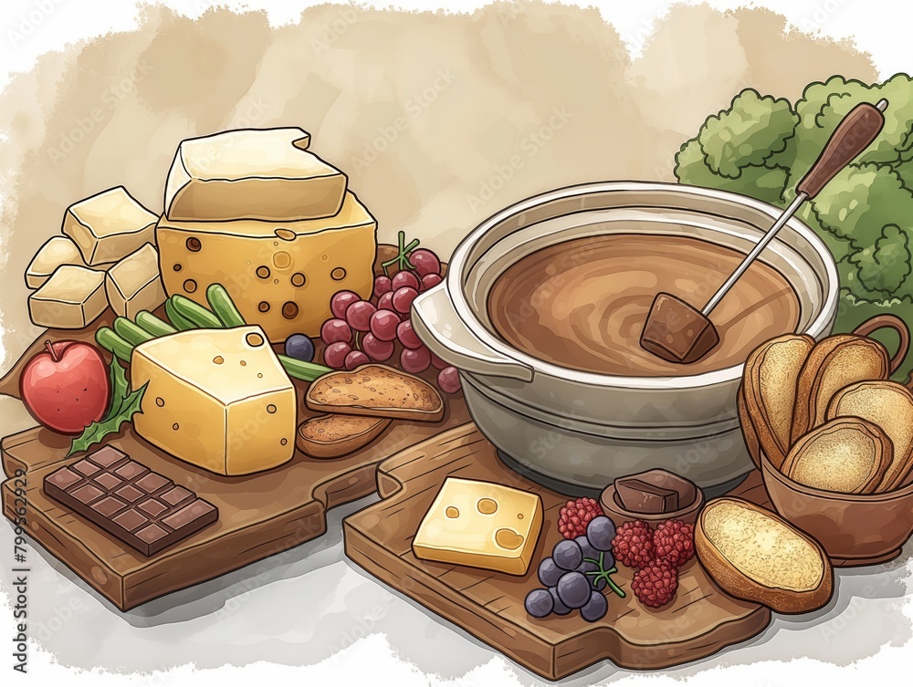 A drawing of a table with a variety of food items, including cheese ...