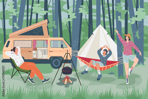 Family or friends adventure camping scene. Tent, campfire, trailer, hammock. Summer travel and picnic stuff. Flat graphic vector illustration.