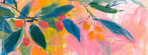 Summer Orchard - Abstract Expressionist Painting of Fruit-Laden Branches Against a Pastel Pink Backdrop © Mbrhan