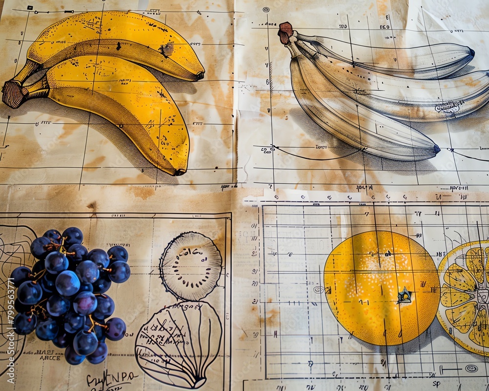 A series of fruit drawings, including bananas, oranges, and grapes, laid out on a blueprint background, each with precise measurements and construction lines A series of fruit drawings, including bananas, oranges, and grapes, laid out on a blueprint background, each with precise measurements and construction lines