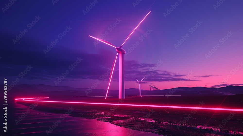 Bright neon depiction of a wind turbine, framed by a sleek line art light banner, symbolizing renewable energy