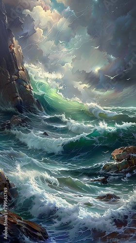 A stormy seascape where a Siren calls from a rocky outcrop, her voice carrying over the waves, luring sailors with her enchanting melody photo