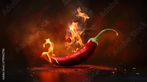 A vibrant image of a chili pepper with flames instead of smoke rising from it, set against a stark, dark background, emphasizing its intense heat photo