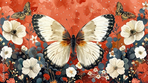 Whimsical Wonders: Seamless Boho Butterfly & Floral Pattern on Coral