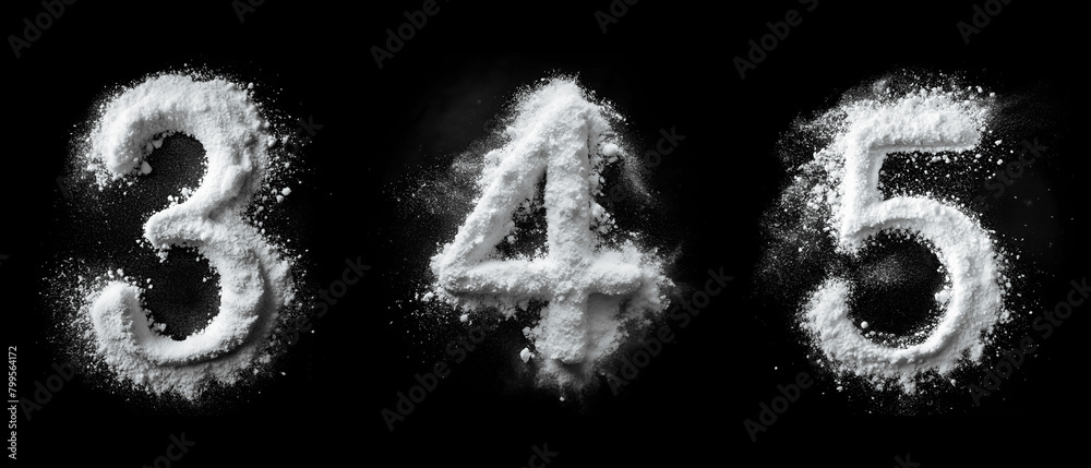 Numbers 3, 4, 5. Alphabet Made of White Chemical Powder on Black Background Numbers 3, 4, 5. Alphabet Made of White Chemical Powder on Black Background
