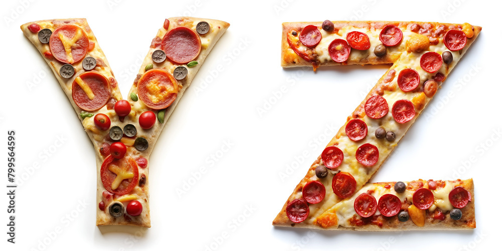 Letters Y, Z. Alphabet Made of Pepperoni Pizza on a White Background