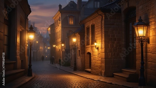 background features the cobblestone streets of an old European neighborhood, with classically architectural buildings lit by soft lanterns. photo