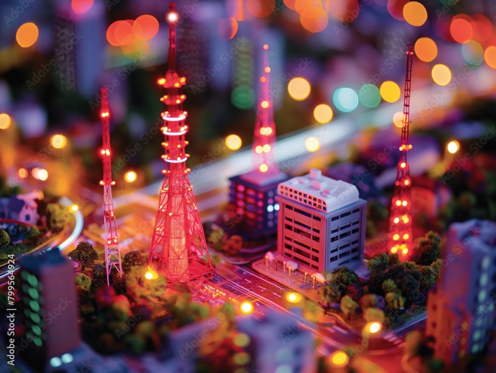 A cityscape with buildings and towers lit up in red. The city is small and the buildings are tall