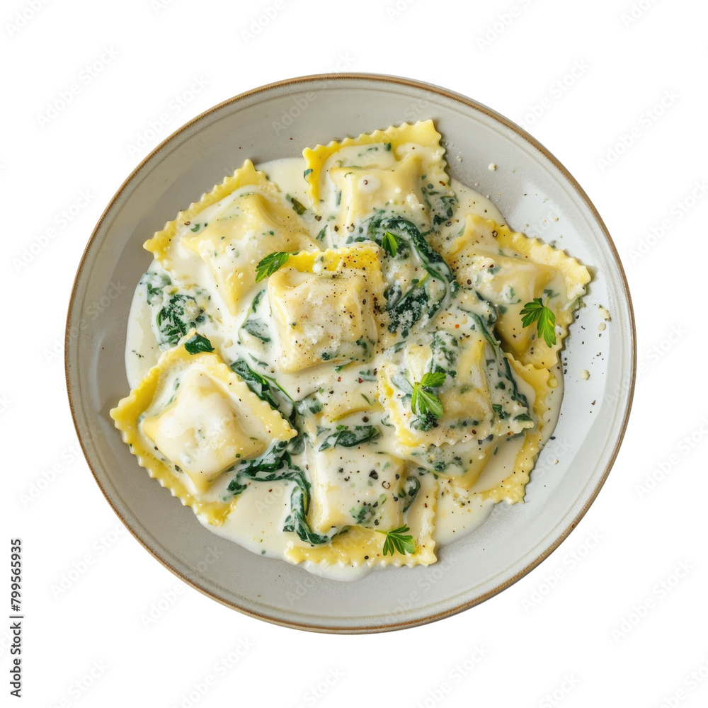 Delicious Plate of Spinach Raviolis with Alfredo Sauce Isolated on a Transparent Background Delicious Plate of Spinach Raviolis with Alfredo Sauce Isolated on a Transparent Background