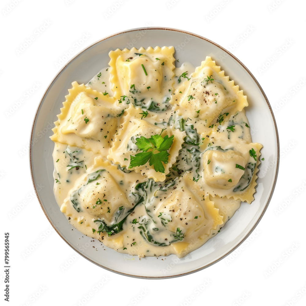 Delicious Plate of Spinach Raviolis with Alfredo Sauce Isolated on a Transparent Background Delicious Plate of Spinach Raviolis with Alfredo Sauce Isolated on a Transparent Background