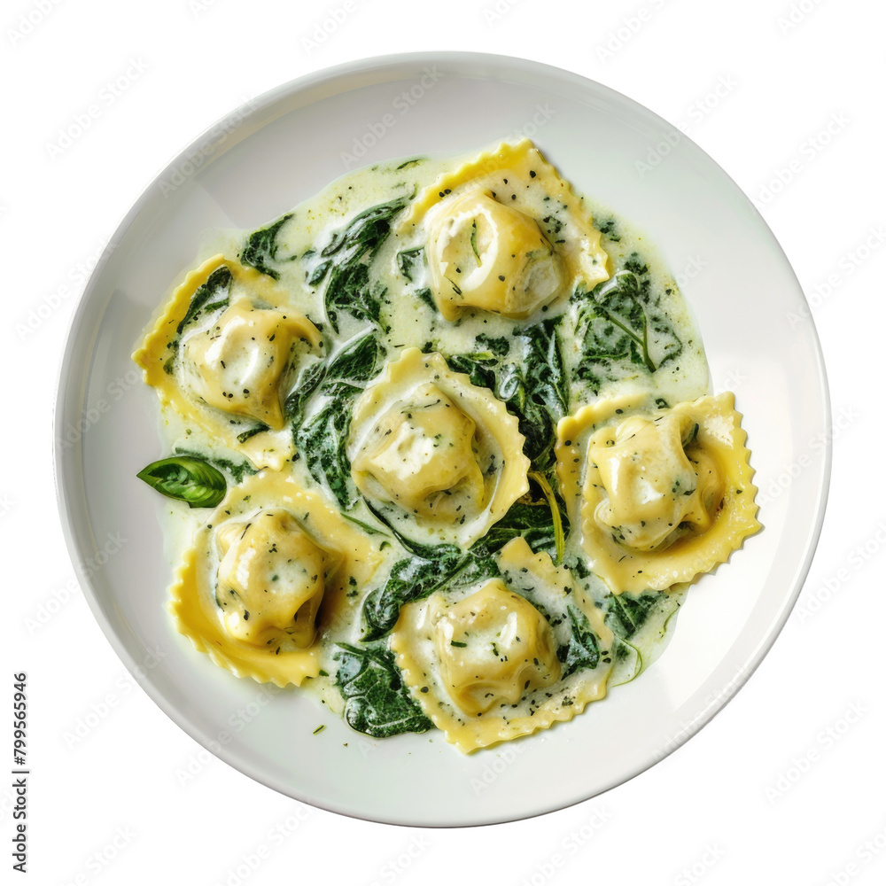 Delicious Plate of Spinach Raviolis with Alfredo Sauce Isolated on a Transparent Background Delicious Plate of Spinach Raviolis with Alfredo Sauce Isolated on a Transparent Background