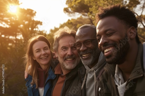 Portrait of a group of friends standing in the park, looking at camera and smiling
